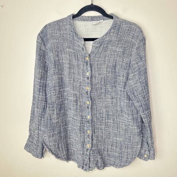 White Crow Linen Cotton Button Front Long Sleeve Embroidered Flowers Top‎ Large - Picture 1 of 10